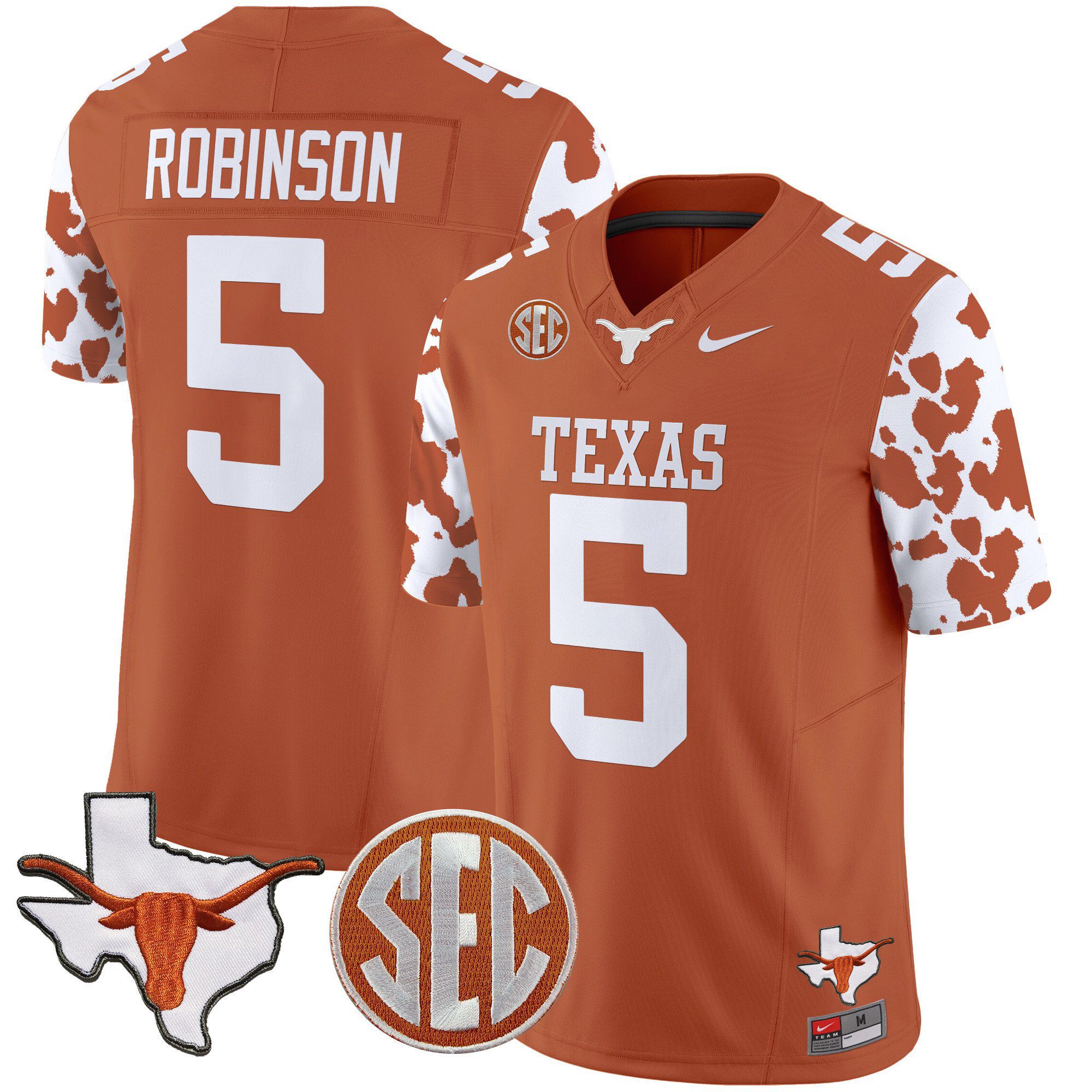 Men Texas Longhorns #5 Robinson Orange 2024 Nike Cow Spots Vapor Limited NCAA Jersey